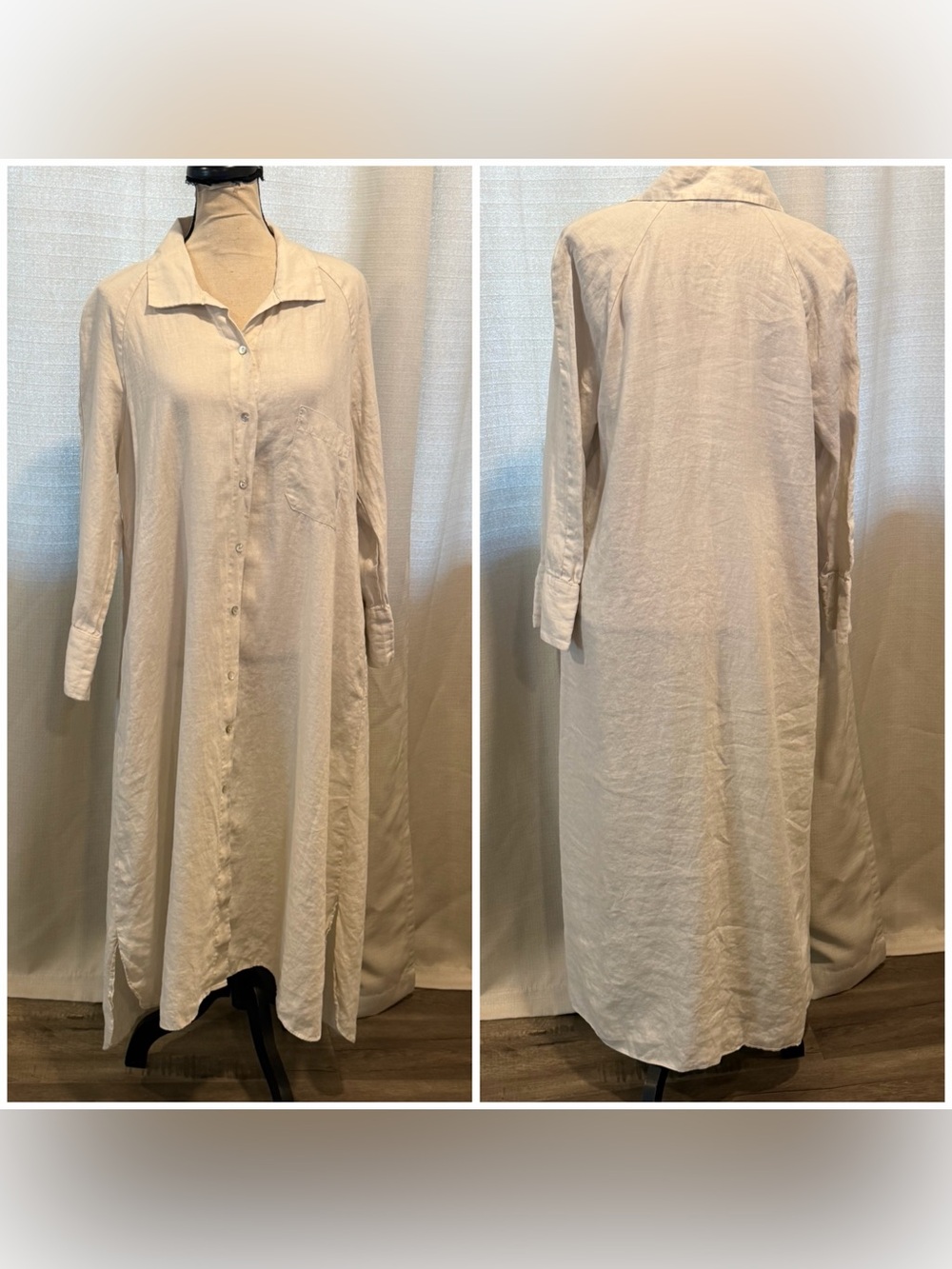 ZARA 100% Linen Maxi Dress Button Front Shirt Dress Beige Pockets Sz L